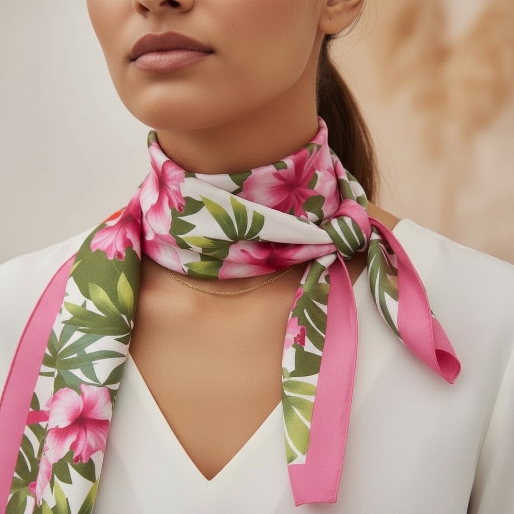 Oscar de la Renta Pink and Green Tropical 🌴 Silk Scarf - Picture 2 of 9